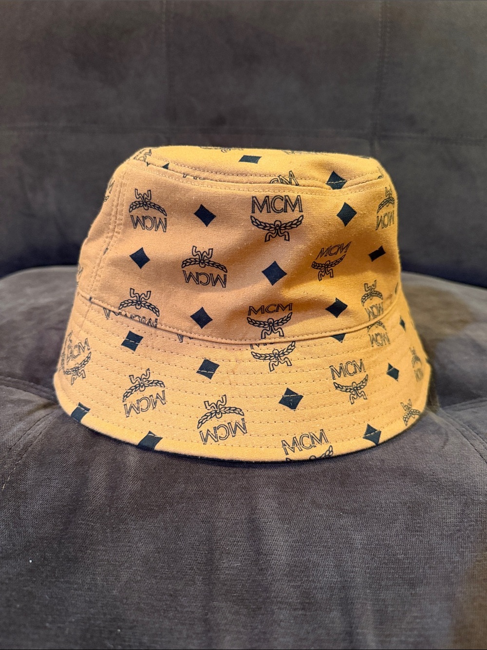 MCM Kids Tan Bucket Hat with Black Logo Print
